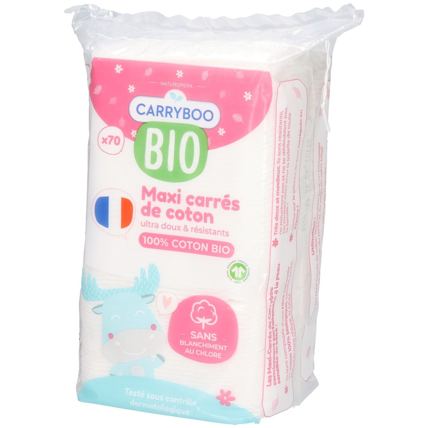 Carrés de coton Carryboo Bio Maxi, 70 pièces, 100% coton bio, blanchis sans chlore.