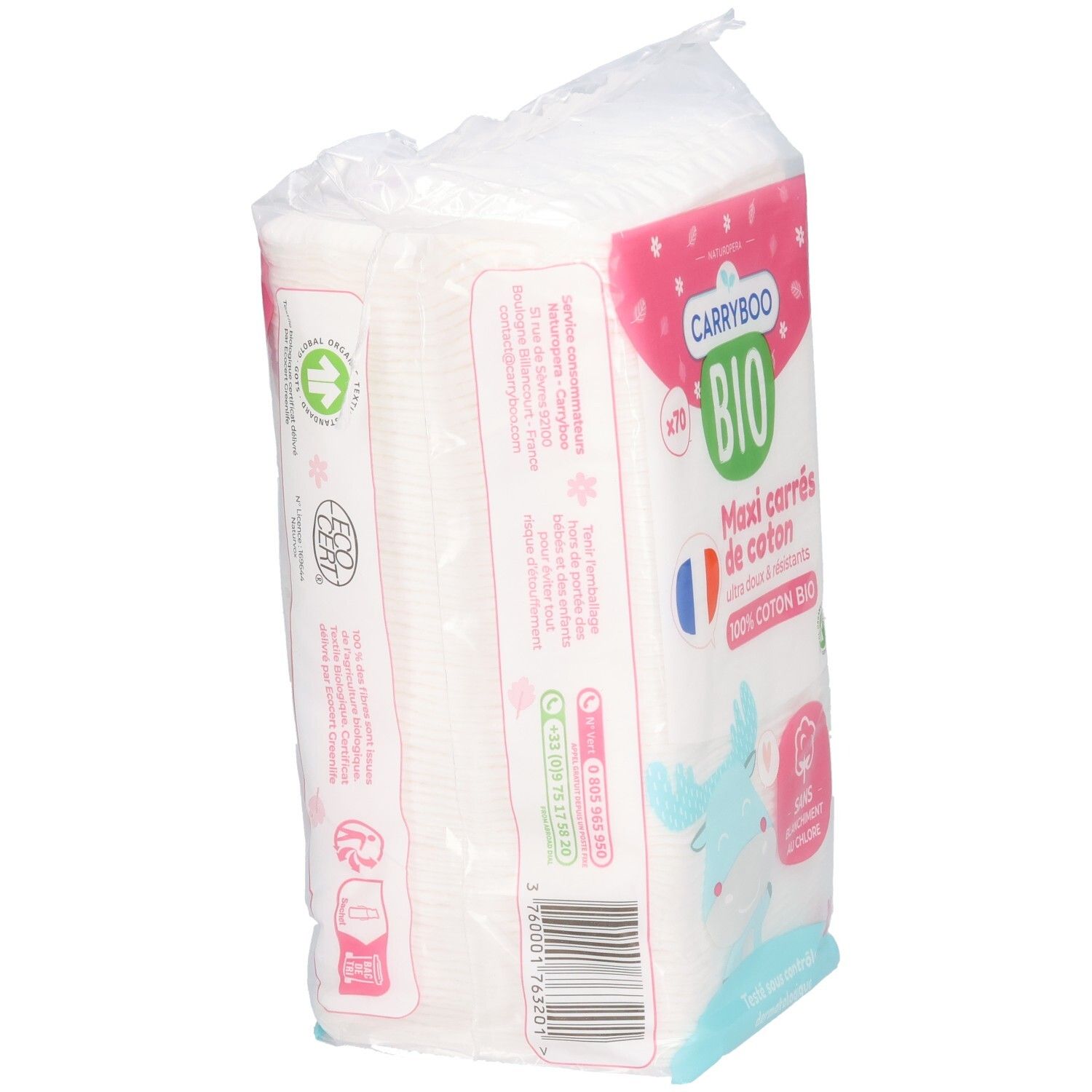 Carrés de coton Carryboo Bio Maxi, 70 pièces, 100% coton bio, blanchis sans chlore.