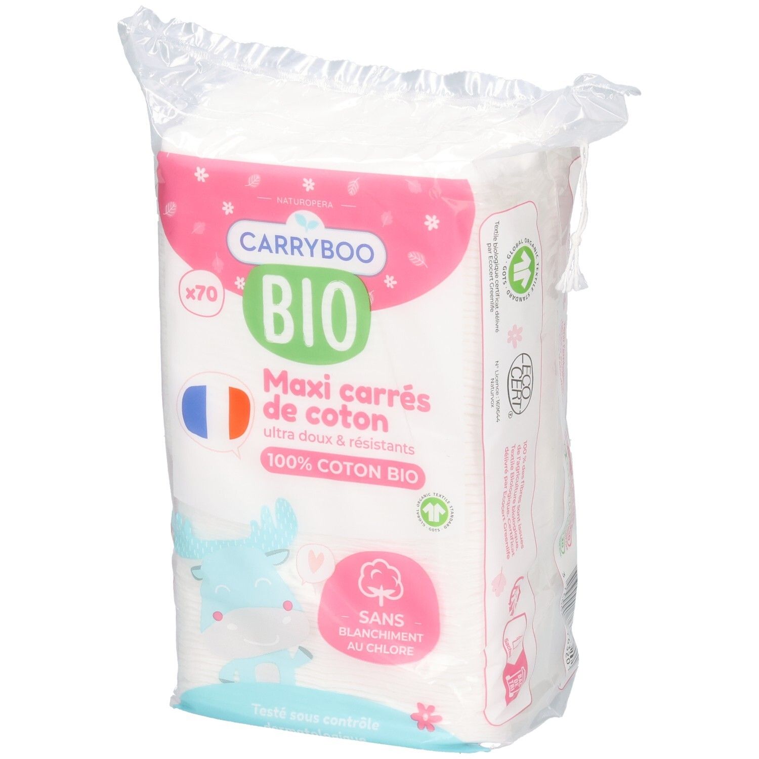 Carrés de coton Carryboo Bio Maxi, 70 pièces, 100% coton bio, blanchis sans chlore.