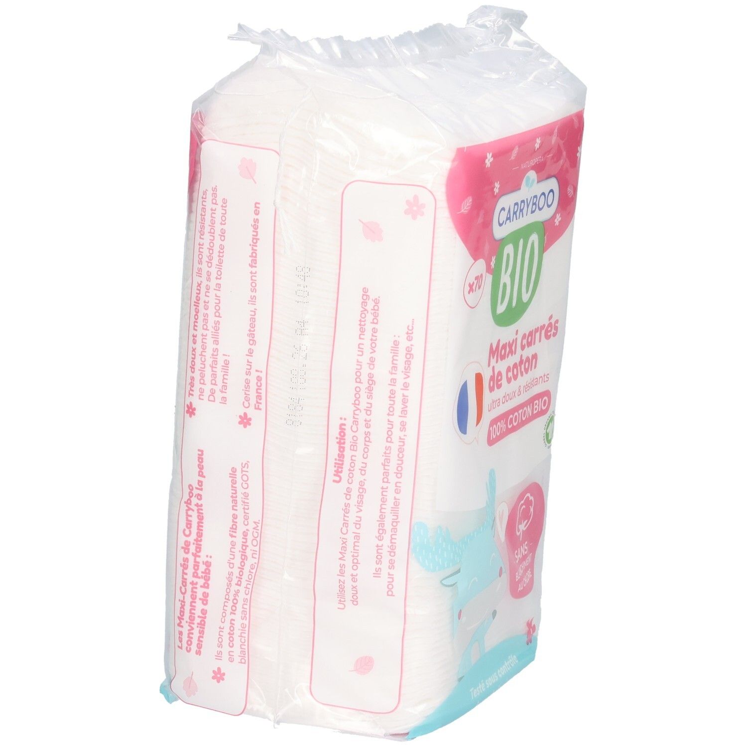 Carrés de coton Carryboo Bio Maxi, 70 pièces, 100% coton bio, blanchis sans chlore.