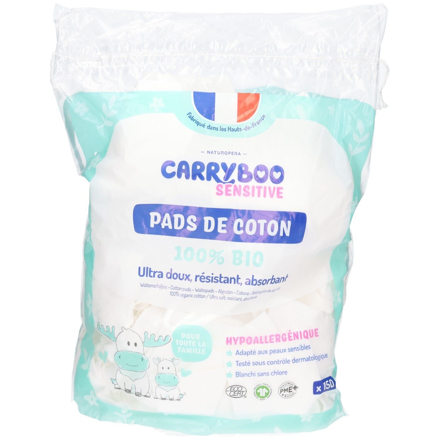 Carryboo Sensitive Carrés de coton bio, 150 pièces. Hypoallergénique, ultra doux, résistant et absorbant.