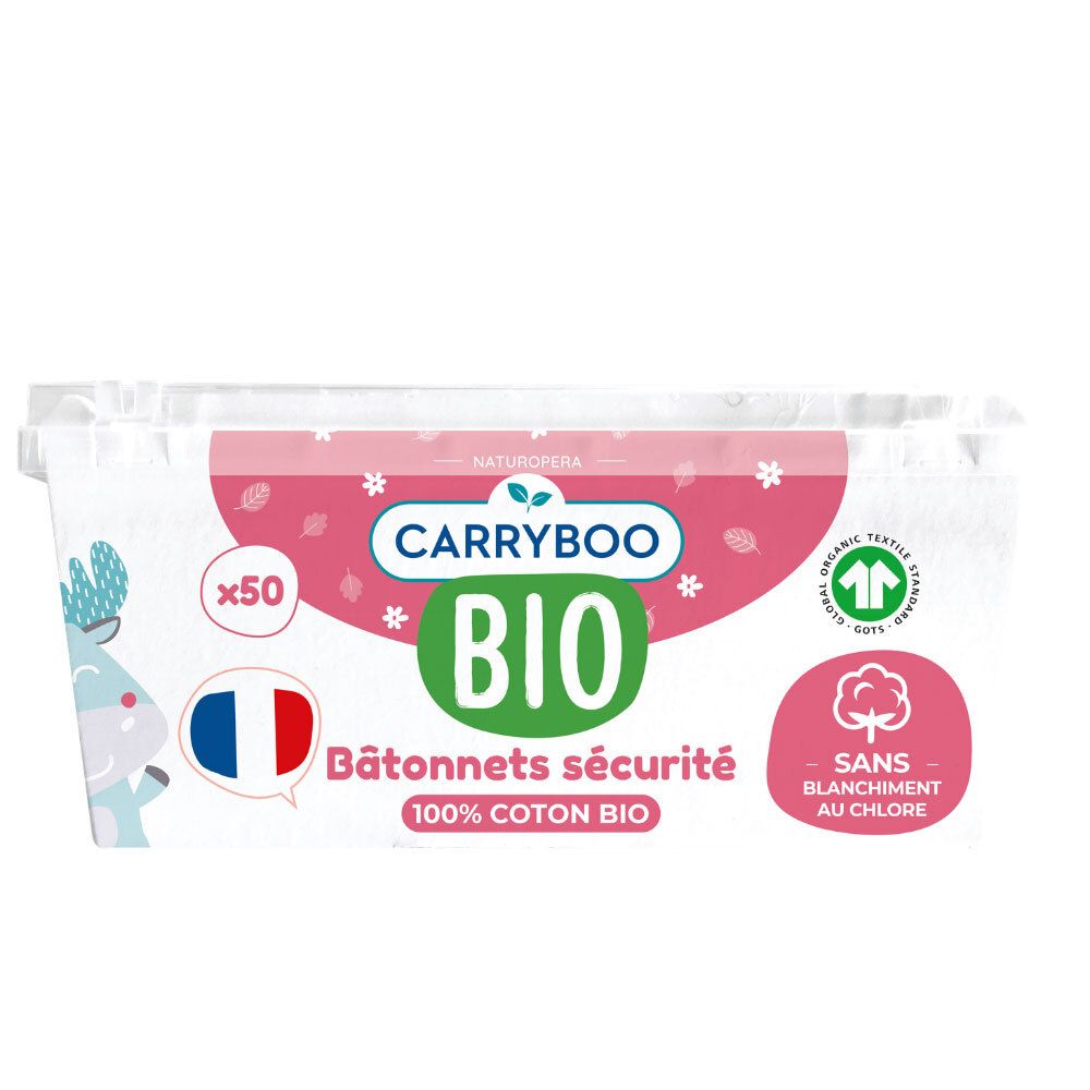 CARRYBOO Bio Cotons-tige Bâtonnets de Sécurité x50. 100% Coton Bio, sans blanchiment au chlore.