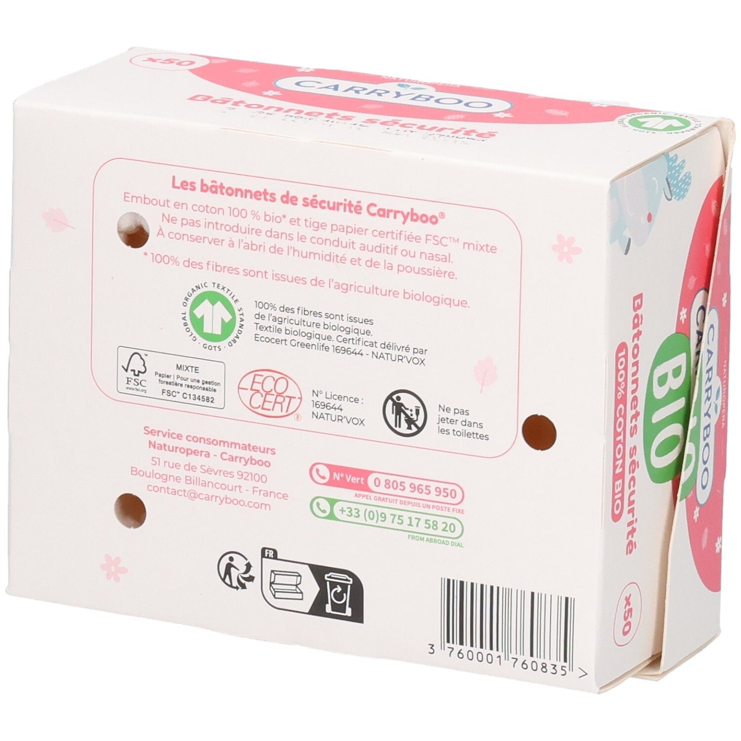 CARRYBOO Bio Cotons-tige Bâtonnets de Sécurité x50. 100% Coton Bio, sans blanchiment au chlore.