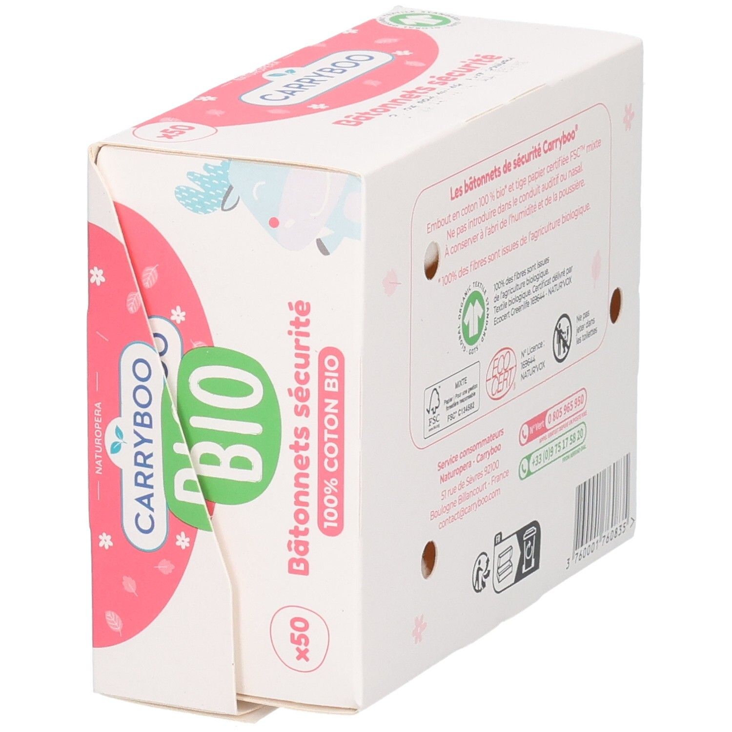 CARRYBOO Bio Cotons-tige Bâtonnets de Sécurité x50. 100% Coton Bio, sans blanchiment au chlore.