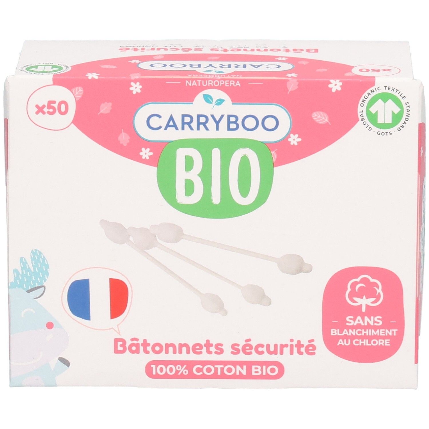 CARRYBOO Bio Cotons-tige Bâtonnets de Sécurité x50. 100% Coton Bio, sans blanchiment au chlore.
