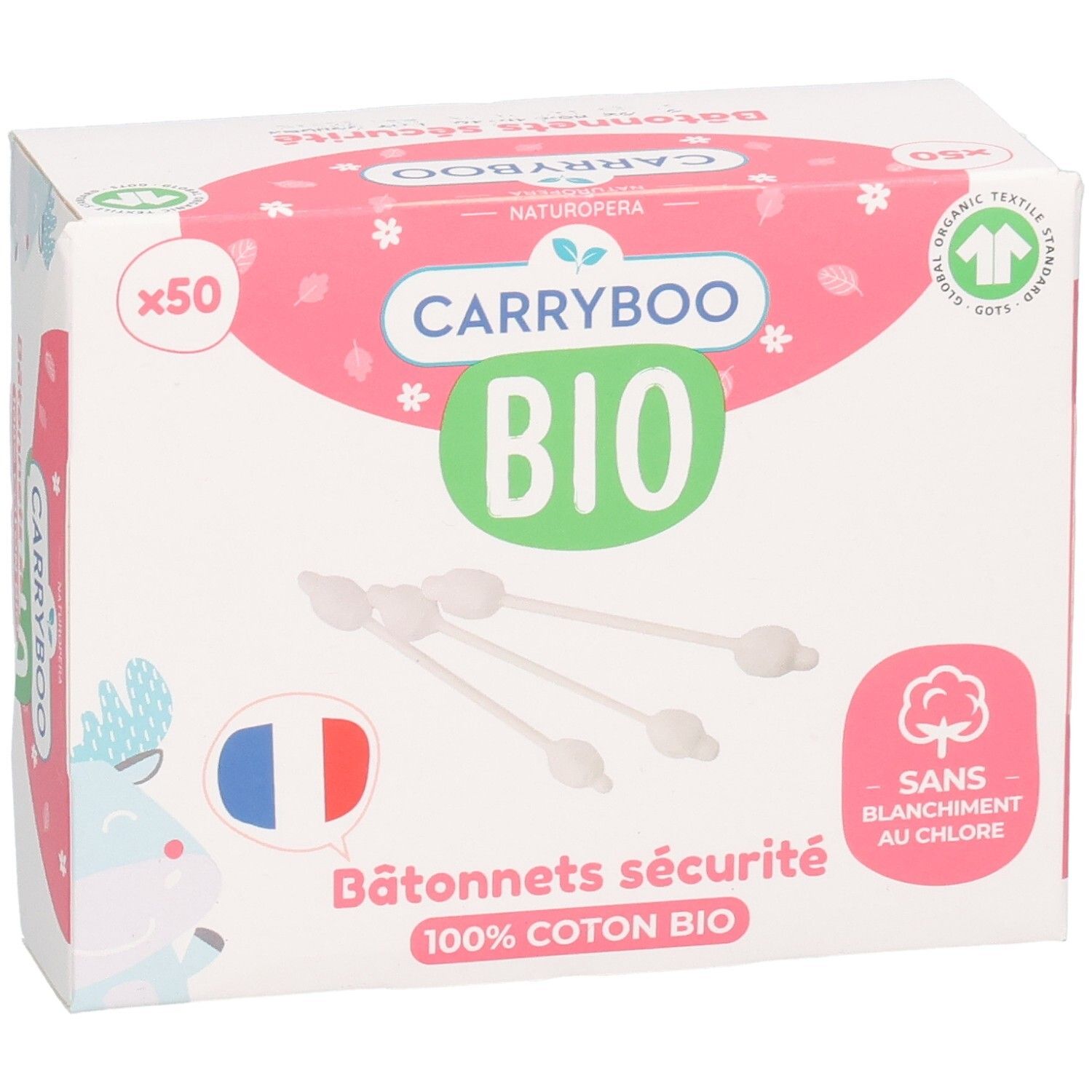 CARRYBOO Bio Cotons-tige Bâtonnets de Sécurité x50. 100% Coton Bio, sans blanchiment au chlore.