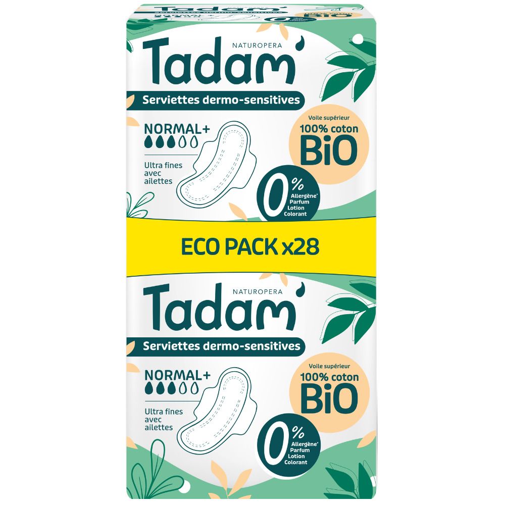 Deux paquets de Tadam Serviettes Dermo-Sensitives Normal+ de 28 serviettes. Coton bio 100%, ultra fines.