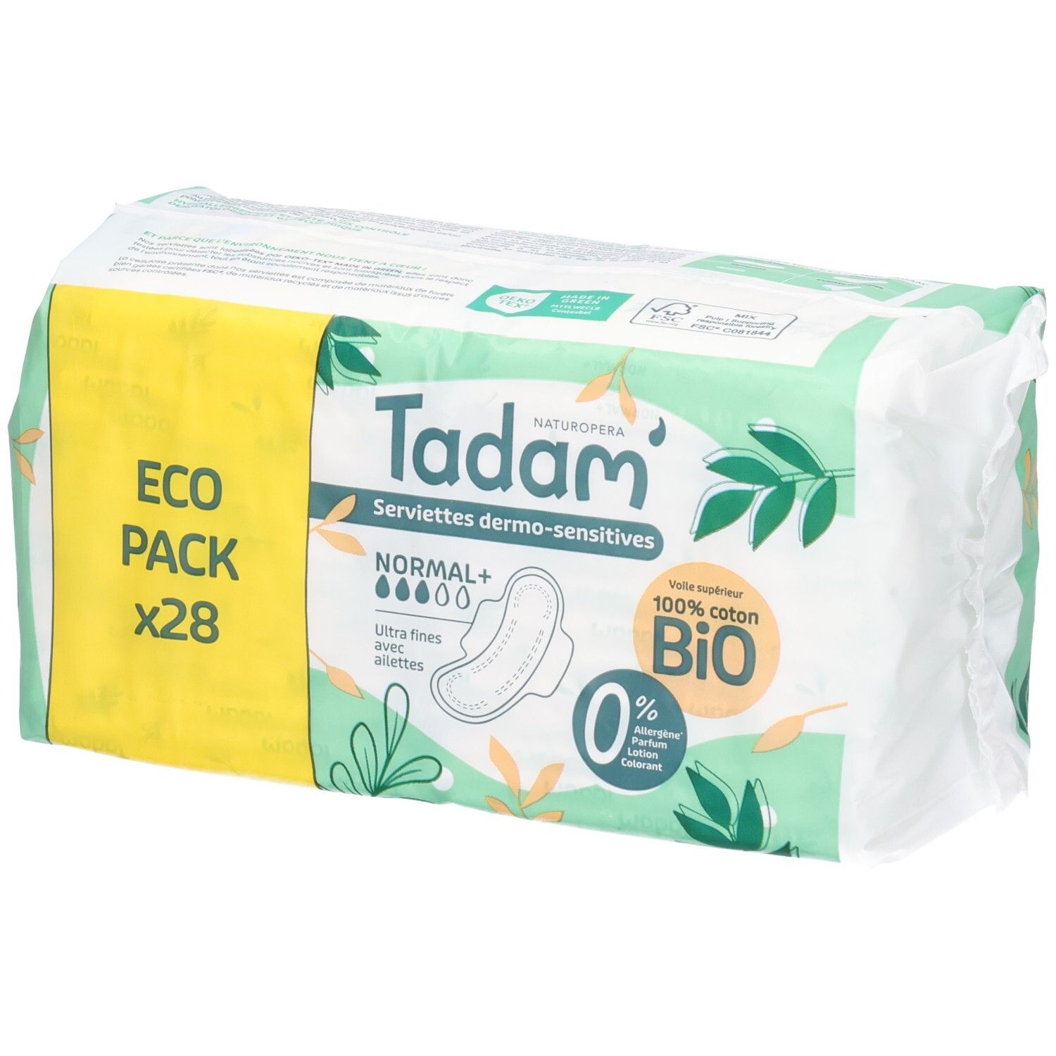 Paquet de Tadam Serviettes Dermo-Sensitives Normal+ de 28 serviettes. Coton bio 100%, ultra fines.
