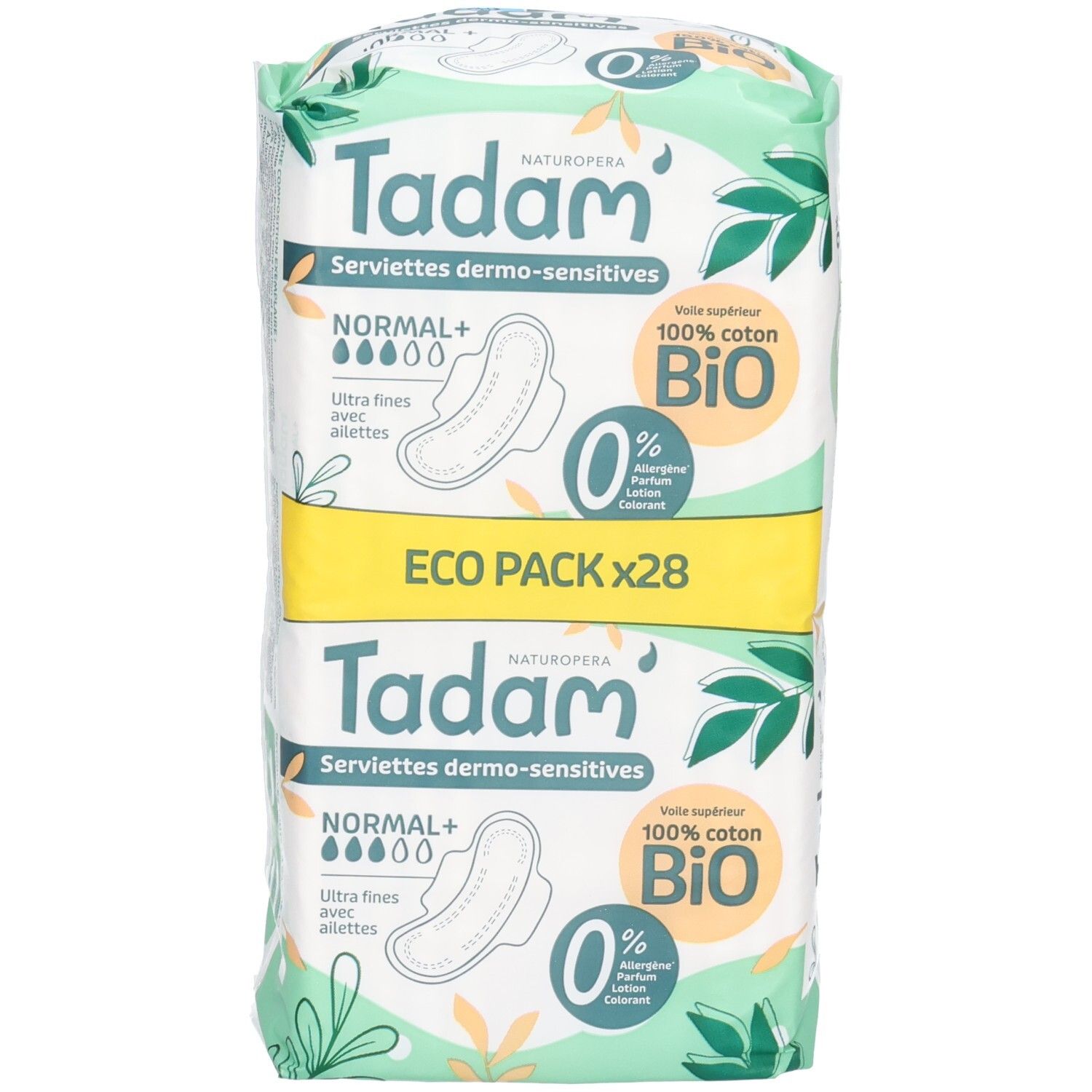 Emballage Tadam Serviettes Dermo-Sensitives Normal+ de 28 serviettes. Coton bio 100%, ultra fines.