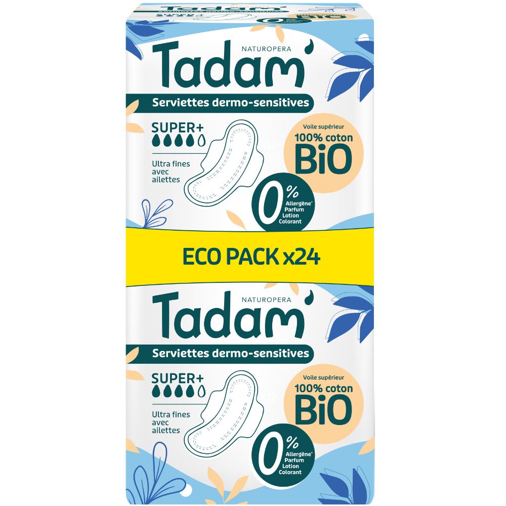 Zwei Packungen Tadam Serviettes Dermo-Sensitives Super+ mit je 24 Stück. 100% Bio-Baumwolle, ultrafein mit Flügeln.
