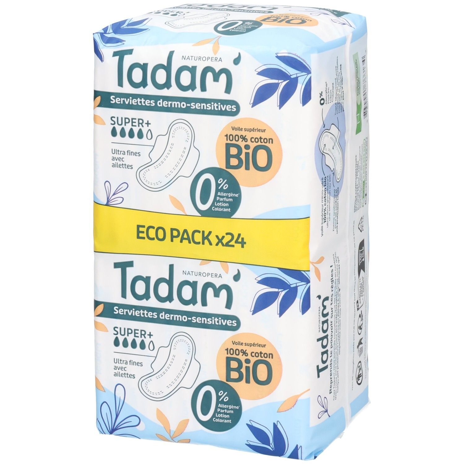 Verpackung Tadam Serviettes Dermo-Sensitives Super+ (24 Stück). 100% Bio-Baumwolle, ultrafein mit Flügeln.