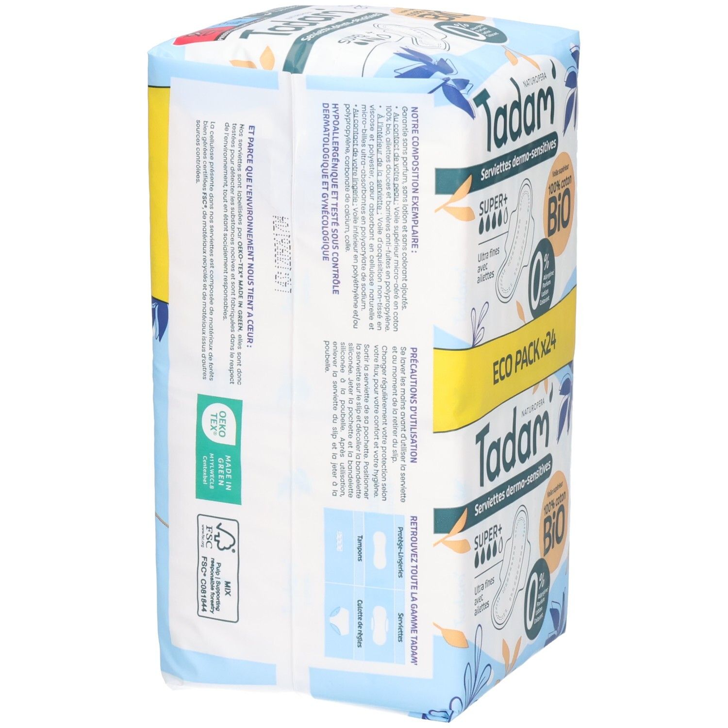 Seitenansicht der Verpackung Tadam Serviettes Dermo-Sensitives Super+ (24 Stück). Mit Bio-Baumwolle und Flügeln.