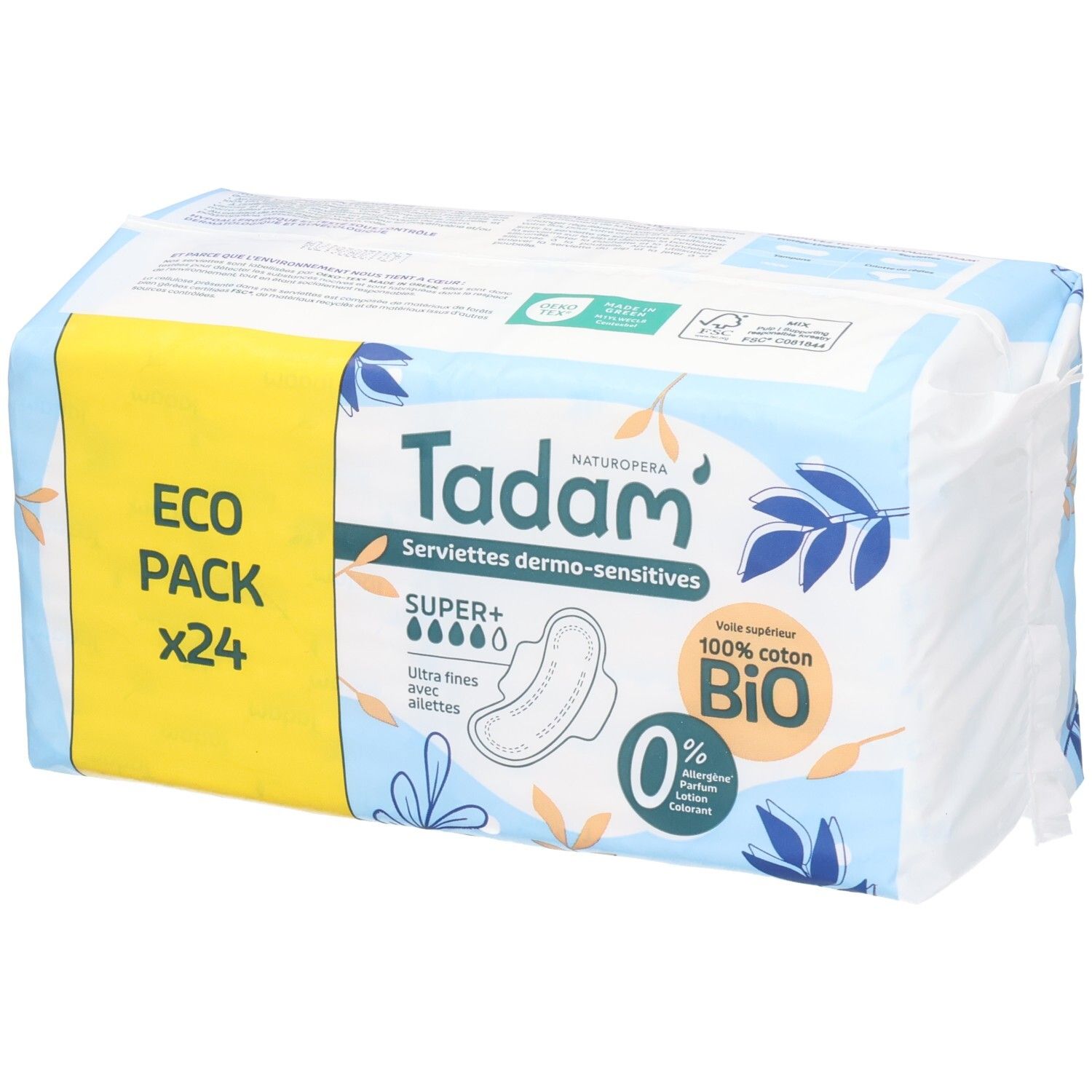 Verpackung Tadam Serviettes Dermo-Sensitives Super+ (24 Stück) von der Seite. 100% Bio-Baumwolle, ultrafein.
