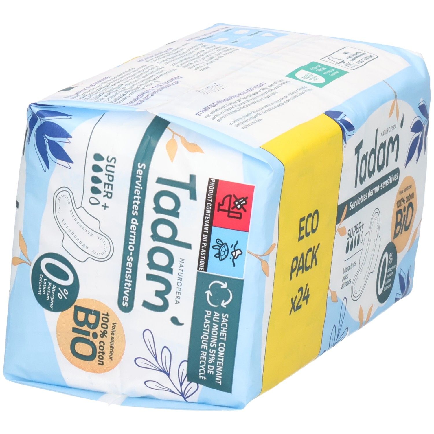 Verpackung Tadam Serviettes Dermo-Sensitives Super+ (24 Stück) im Winkel. Mit Bio-Baumwolle und Flügeln.