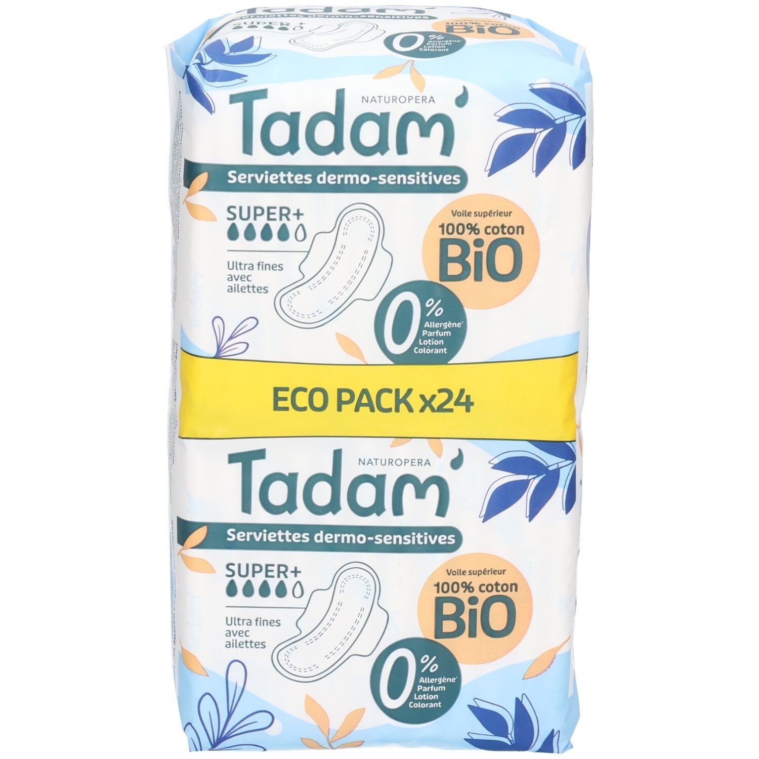 Verpackung Tadam Serviettes Dermo-Sensitives Super+ (24 Stück) von vorne. 100% Bio-Baumwolle, ultrafein mit Flügeln.