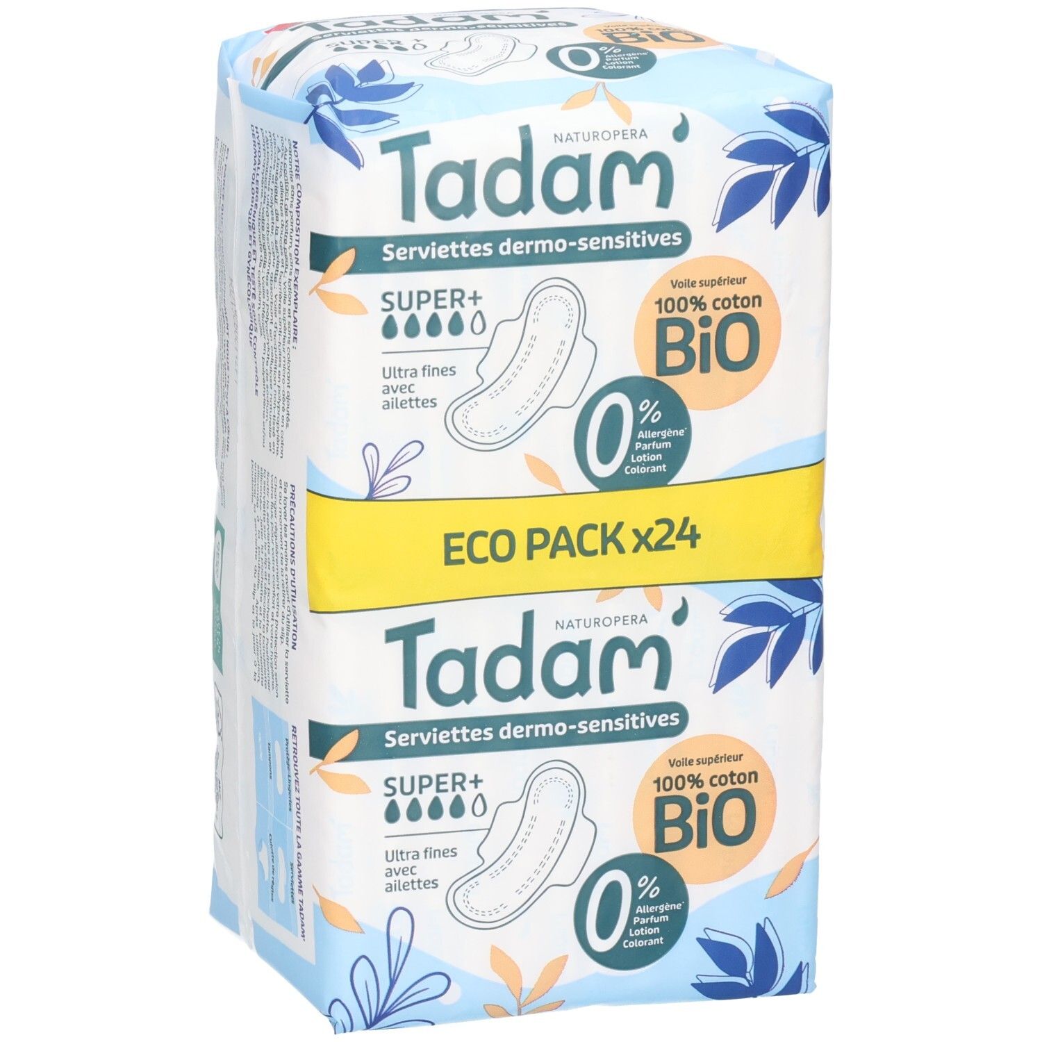 Verpackung Tadam Serviettes Dermo-Sensitives Super+ (24 Stück) schräg von vorne. 100% Bio-Baumwolle, ultrafein.