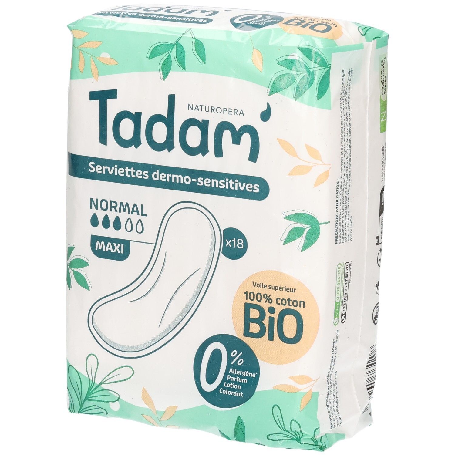 Emballage de serviettes hygiéniques Tadam Dermo-Sensitives Maxi Normal, 18 unités.