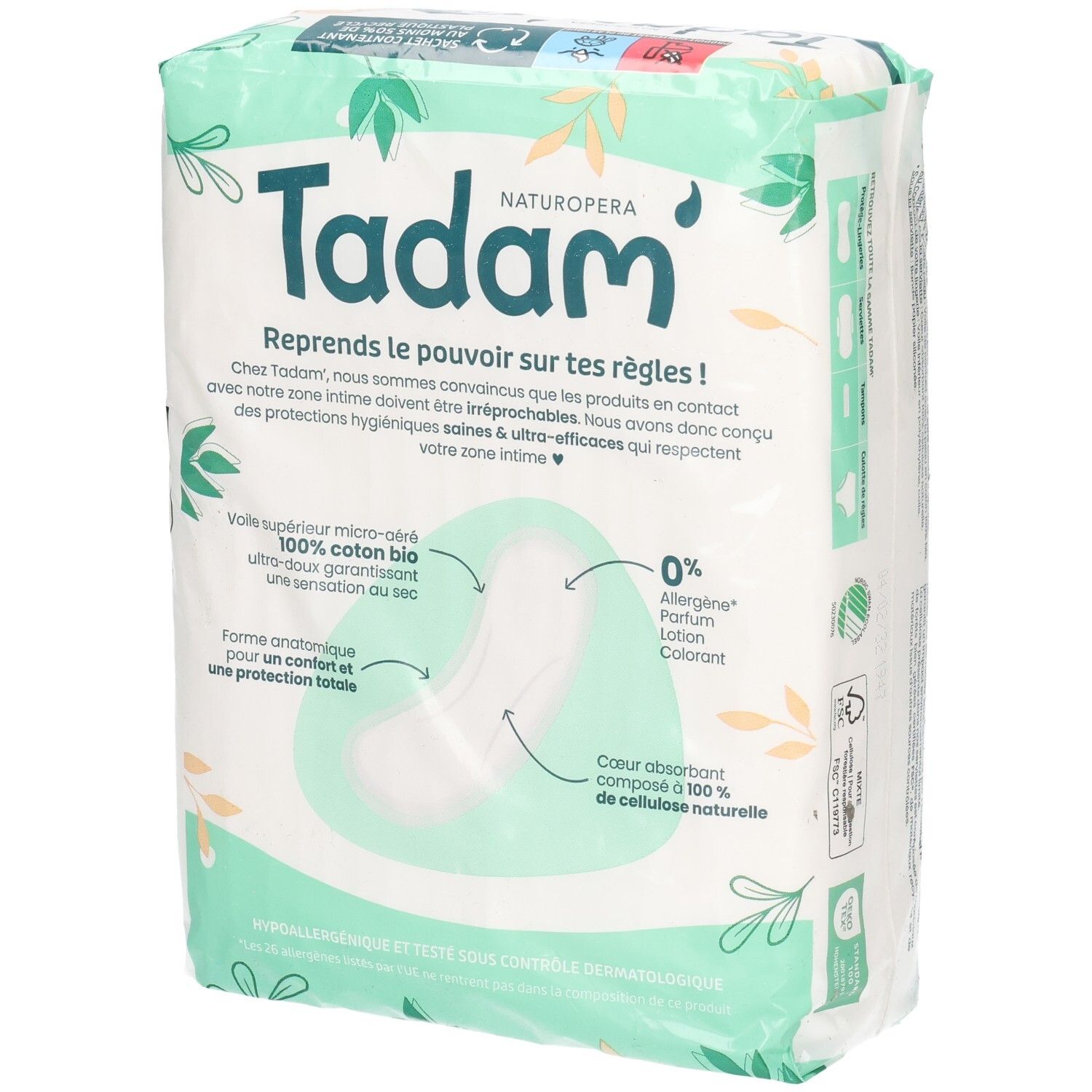 Face avant de l'emballage des serviettes Tadam Dermo-Sensitives Maxi Normal, 18 unités.