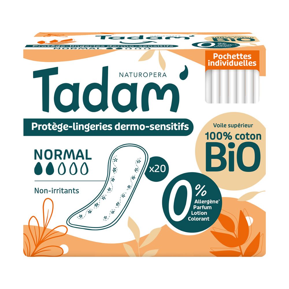 Tadam Protège-Lingerie Dermo-Sensitifs Normal: 20 einzeln verpackte Slipeinlagen aus 100% Bio-Baumwolle, hypoallergen.
