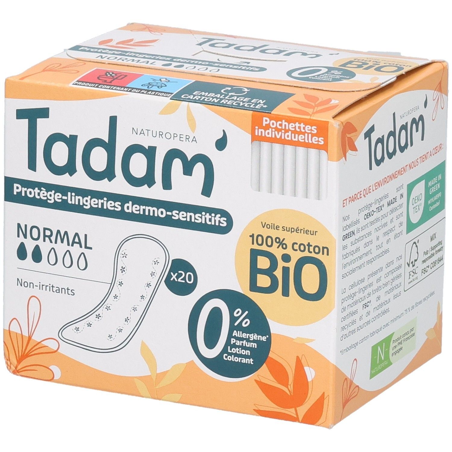 Tadam Protège-Lingerie Dermo-Sensitifs Normal: Verpackung mit 20 Slipeinlagen, 100% Bio-Baumwolle, hypoallergen, OEKO-TEX zertifiziert.