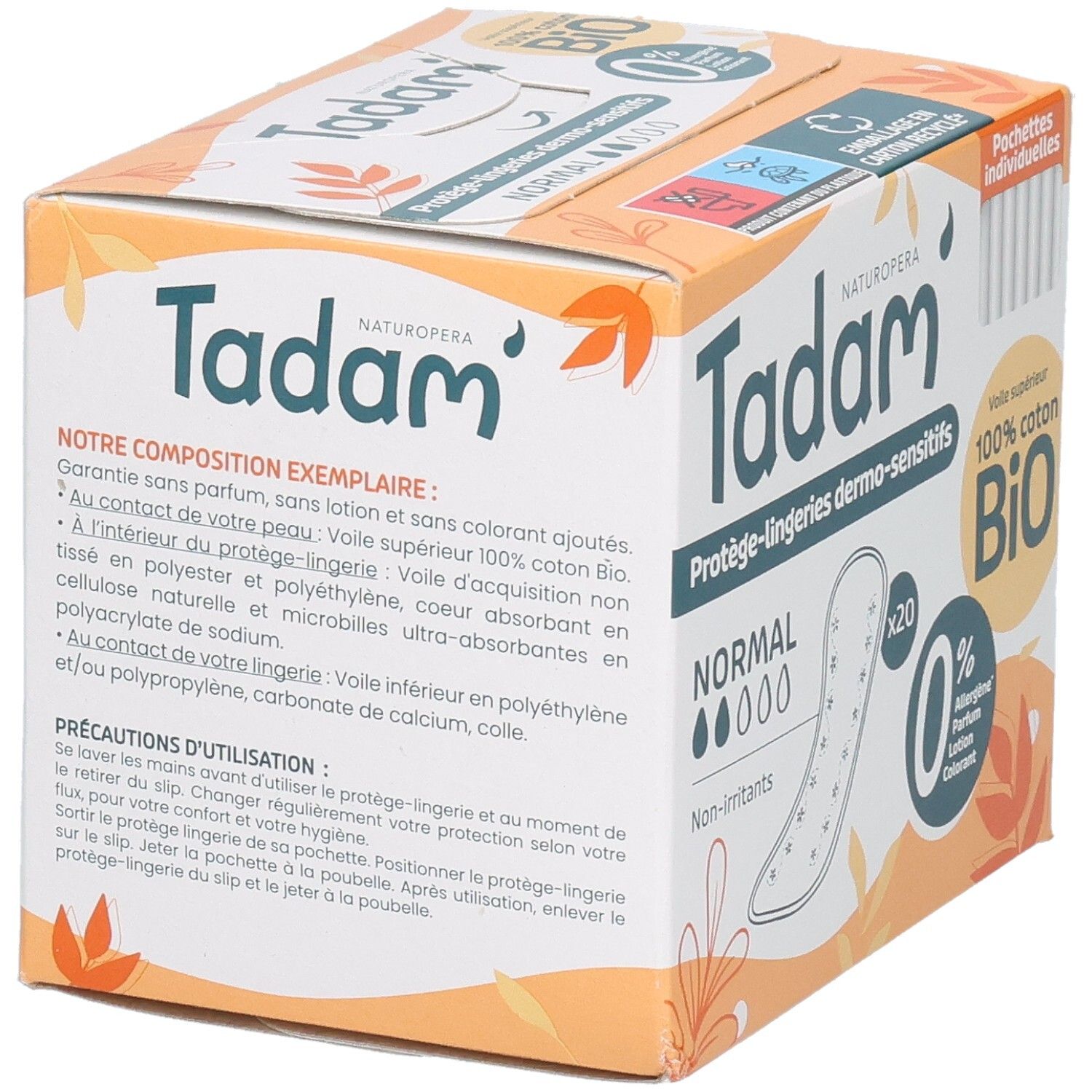 Tadam Protège-Lingerie Dermo-Sensitifs Normal: Rückseite der Verpackung mit Inhaltsstoffen und Anwendungshinweisen.