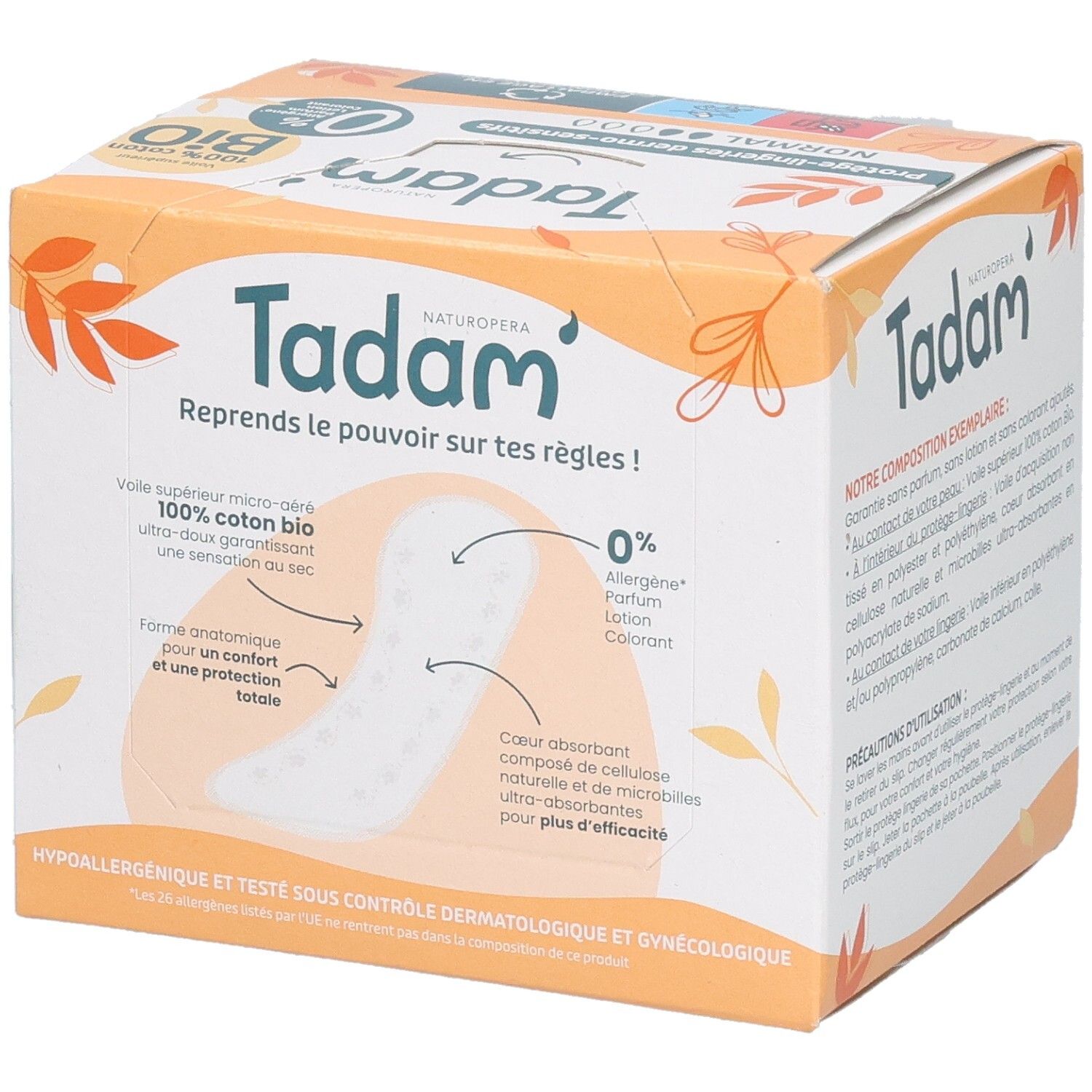 Tadam Protège-Lingerie Dermo-Sensitifs Normal: Anatomisch geformte Slipeinlage aus 100% Bio-Baumwolle, 0% Allergen, Parfüm, Farbstoff.
