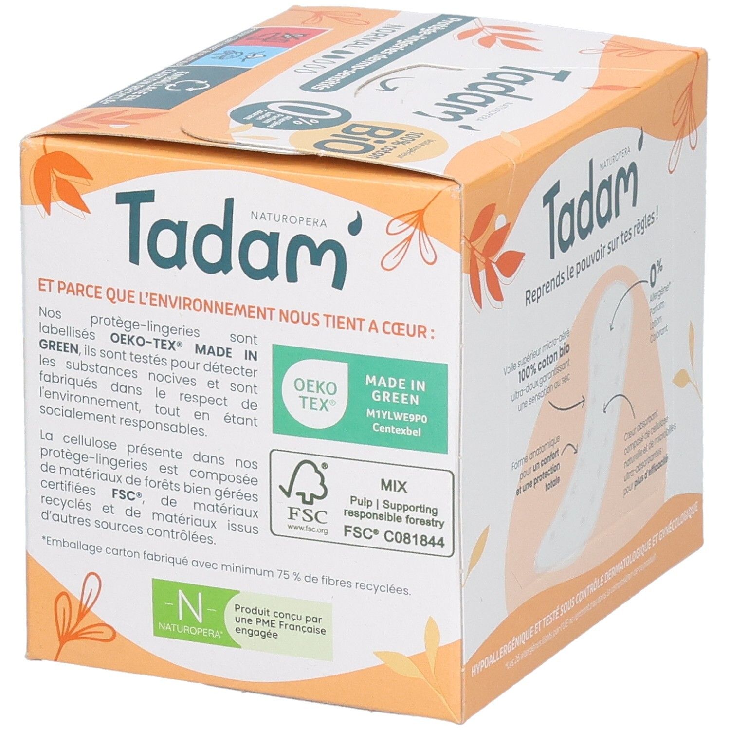 Tadam Protège-Lingerie Dermo-Sensitifs Normal: Verpackung mit Informationen zu Umweltfreundlichkeit und FSC-Zertifizierung.