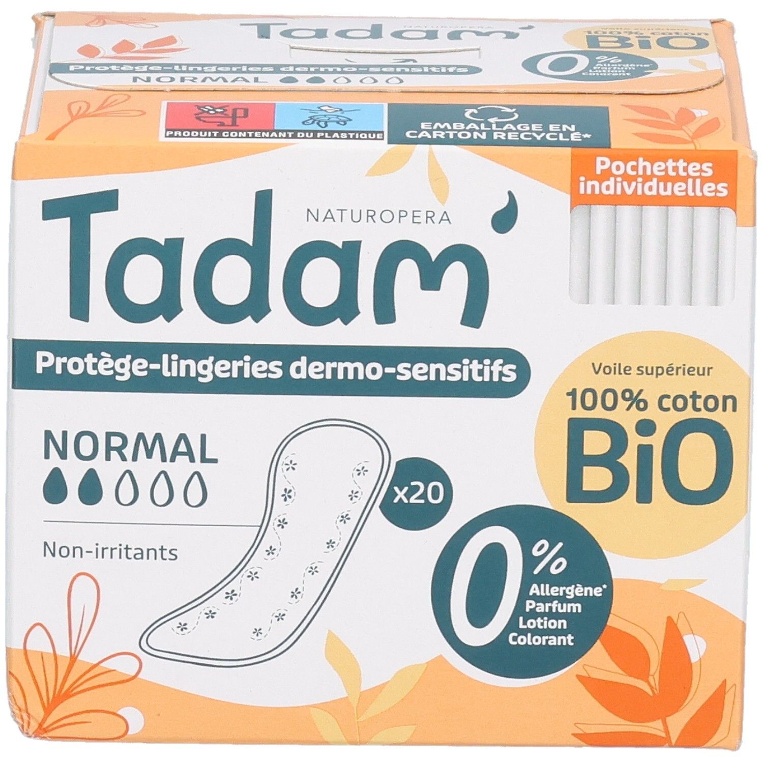 Tadam Protège-Lingerie Dermo-Sensitifs Normal: Vorderseite der Verpackung mit Produktmerkmalen und 20 einzeln verpackten Slipeinlagen.