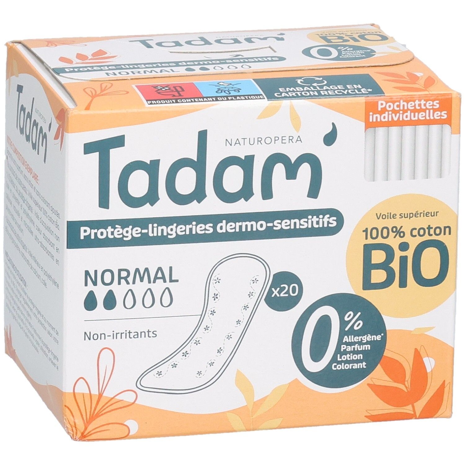 Tadam Protège-Lingerie Dermo-Sensitifs Normal: Verpackung mit Siegeln für OEKO-TEX und FSC, 100% Bio-Baumwolle.