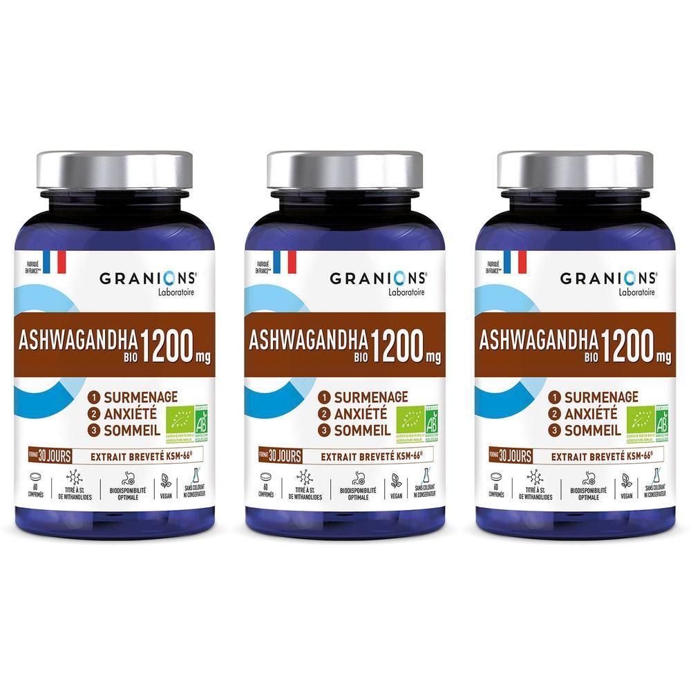 Trois flacons de GRANIONS Ashwagandha Bio 1200 mg, bouchons argentés, étiquettes bleues.