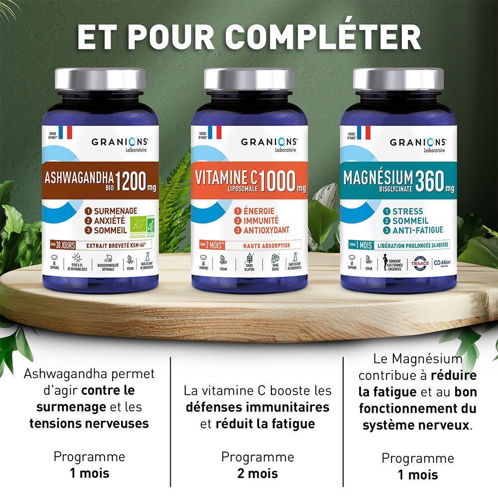 Trois flacons: GRANIONS Ashwagandha, Vitamine C et Magnésium sur des rondins de bois.