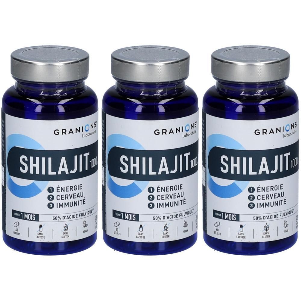 Drei blaue Flaschen mit Shilajit 1000, silbernen Kappen und weißen Etiketten mit blauen Akzenten.