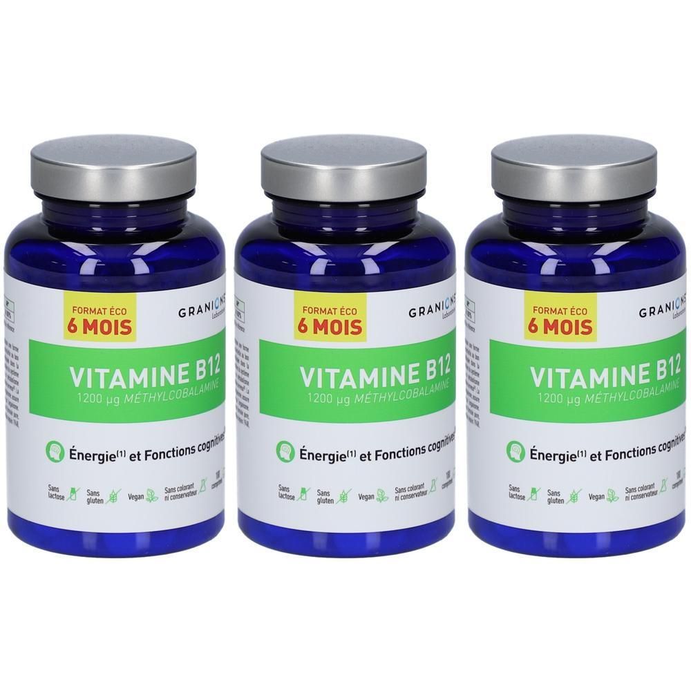 Trois flacons bleus de Vitamine B12, 1200 µg de méthylcobalamine, cure de 6 mois.