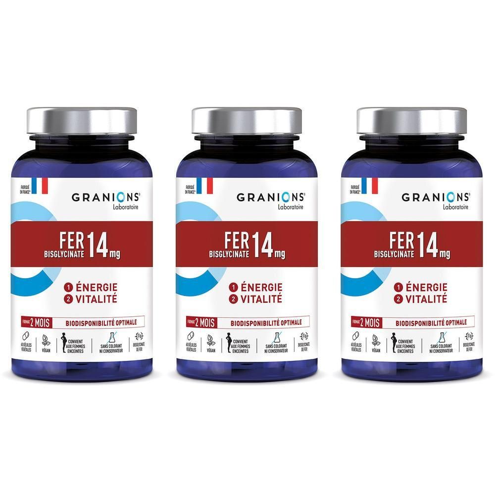 Trois flacons de Granions Fer 14 mg avec bouchons argentés et étiquettes bleues, disposés sur fond blanc.