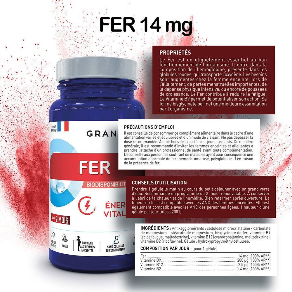 Un flacon de Granions Fer 14 mg avec des informations détaillées sur les propriétés et l'utilisation.