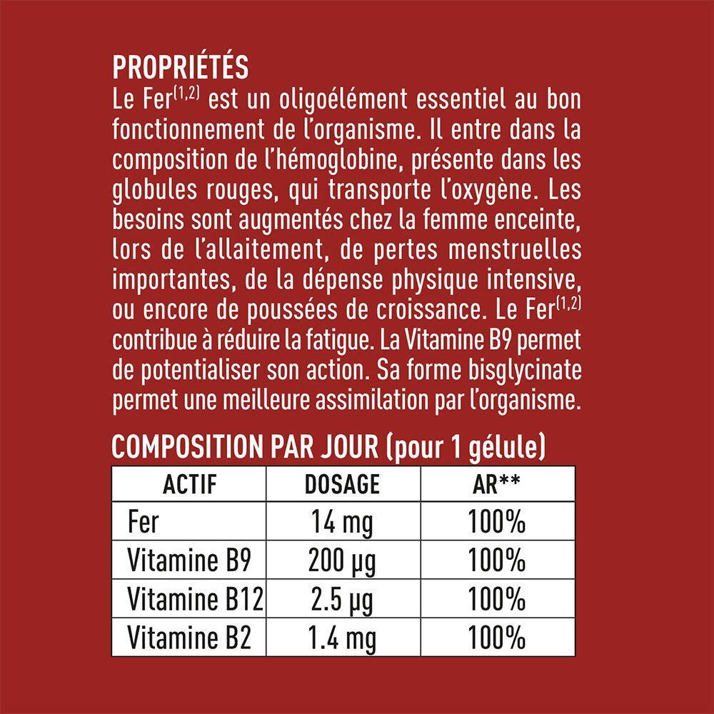 Gros plan d'un flacon de Granions Fer 14 mg avec des informations sur la composition et les valeurs nutritionnelles.