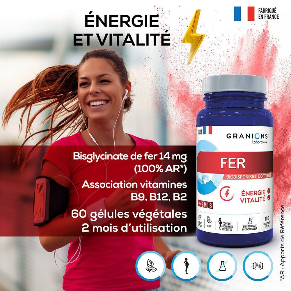 Une coureuse avec un flacon de Granions Fer 14 mg, symbolisant l'énergie et la vitalité.