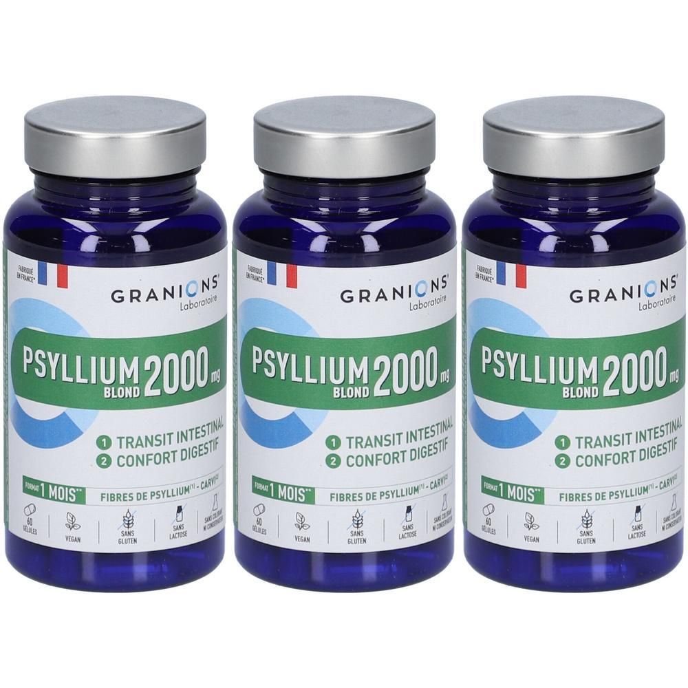 Drei Flaschen Granions Blond Psyllium 2000 mg mit silbernen Verschlüssen. Blaue Flaschen mit weißen und grünen Etiketten.