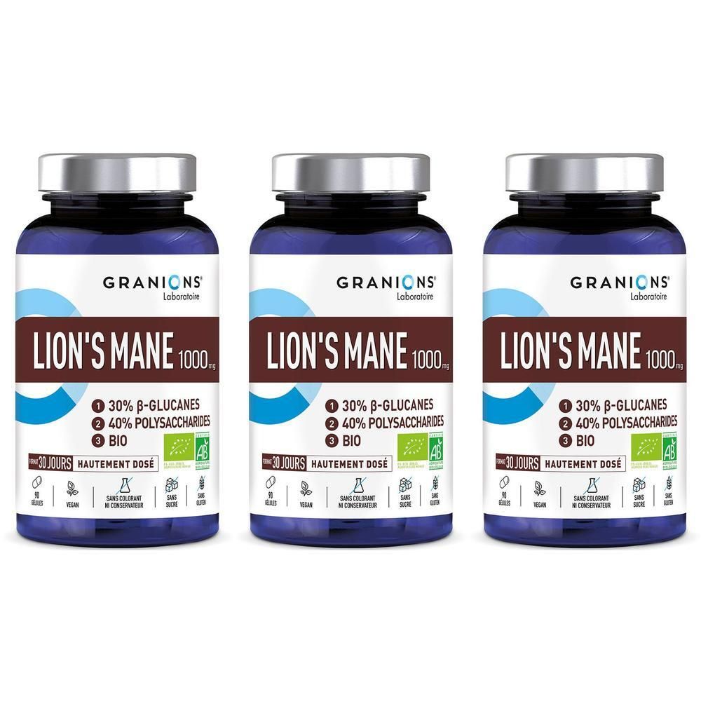 Drei Flaschen Granions Löwenmähne BIO 1000 mg mit silbernen Verschlüssen und blauen Etiketten.