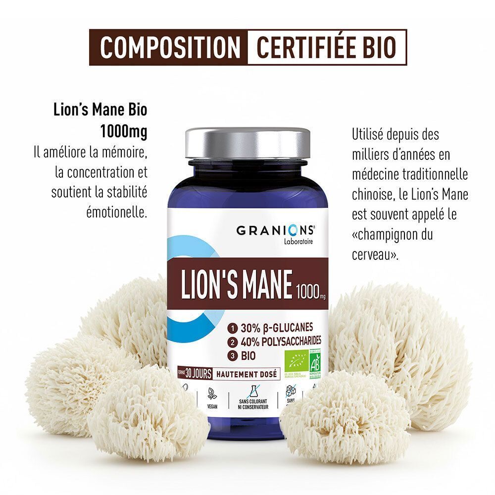 Eine Flasche Granions Löwenmähne BIO 1000 mg, umgeben von drei Löwenmähnen-Pilzen. Text über Bio-Zusammensetzung.