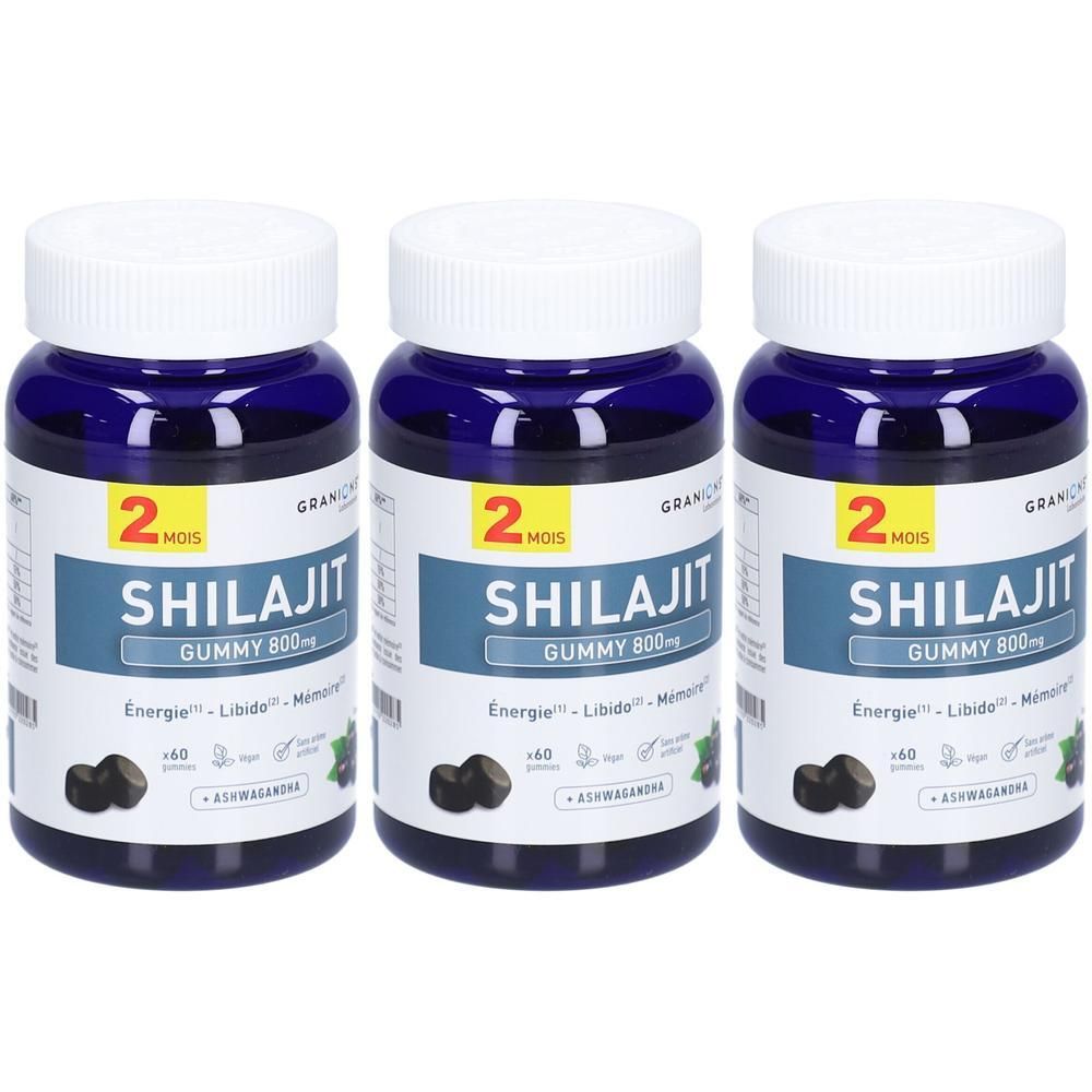Drei Flaschen Granions Shilajit Gummis 800 mg. Blaue Behälter mit weißen Deckeln und Etiketten.