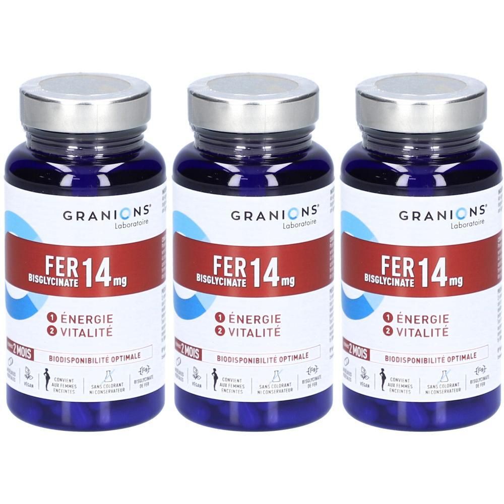 Drei Flaschen GRANIONS Fer 14 mg mit silbernen Verschlüssen. Blaue Flaschen mit weißen und roten Etiketten.