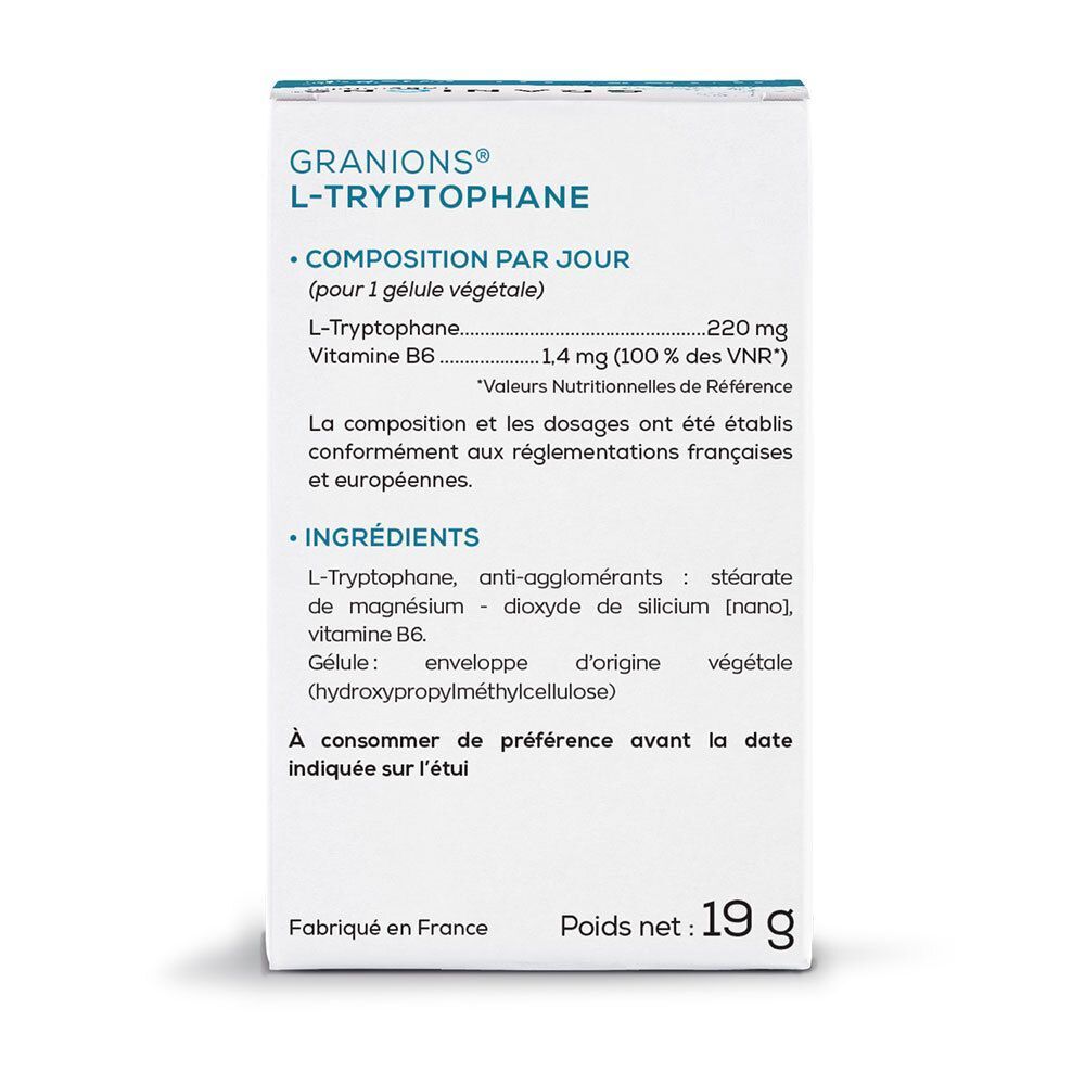 Rückseite einer Schachtel GRANIONS L-Tryptophan 220 mg mit Zutaten und Nährwertangaben.