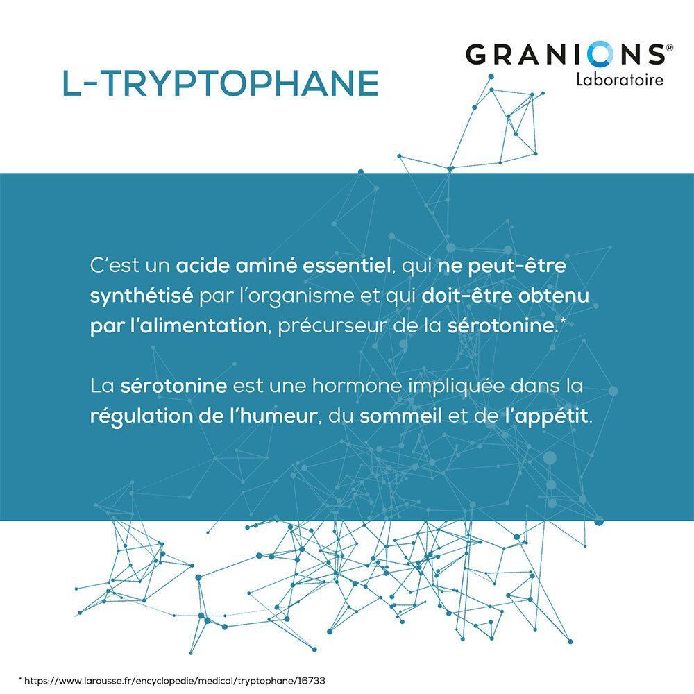 Informationen über L-Tryptophan als essentielle Aminosäure und Vorstufe von Serotonin.