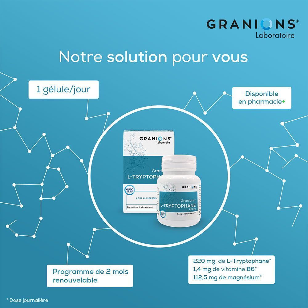 GRANIONS L-Tryptophan 220 mg Fläschchen und Schachtel, 1 Kapsel/Tag, 2 Monate Programm.