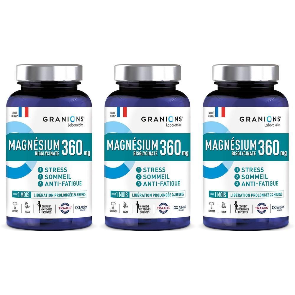 Drei Flaschen Magnesium 360 mg von Granions Laboratoire.