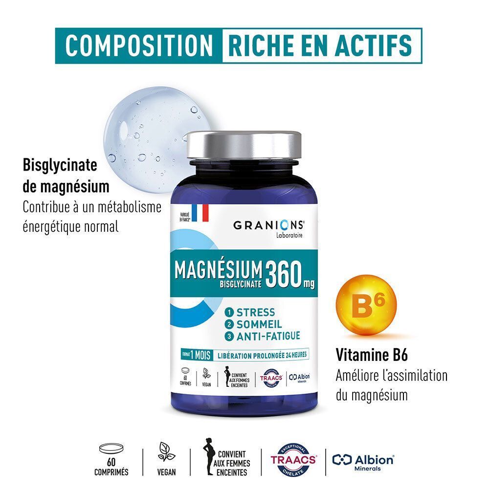 Flasche Magnesium 360 mg von Granions Laboratoire mit Vitamin B6.