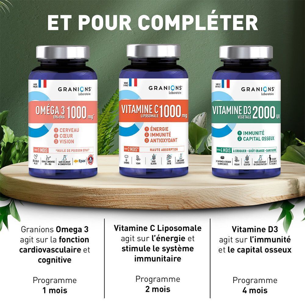 Drei Flaschen Omega 3, Vitamin C und Vitamin D3 von Granions Laboratoire.