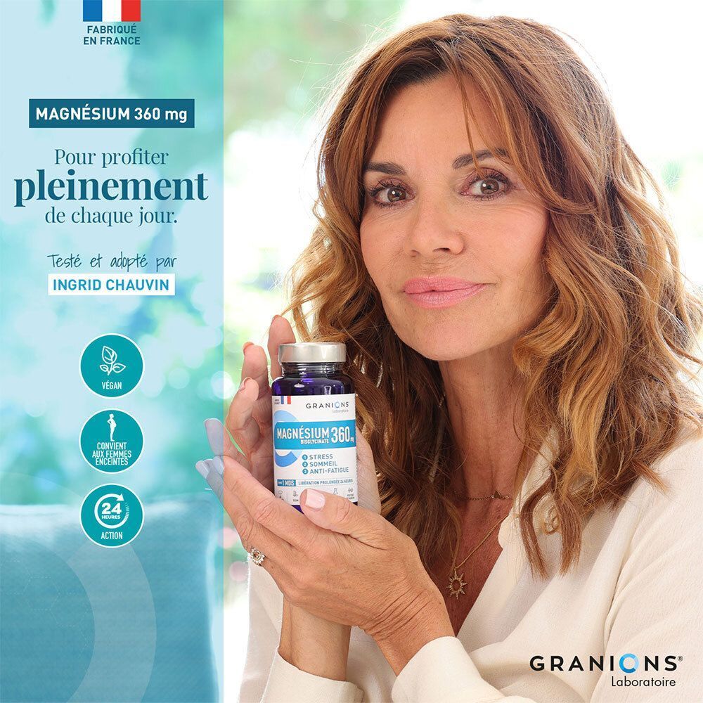 Frau hält Flasche Magnesium 360 mg von Granions Laboratoire.