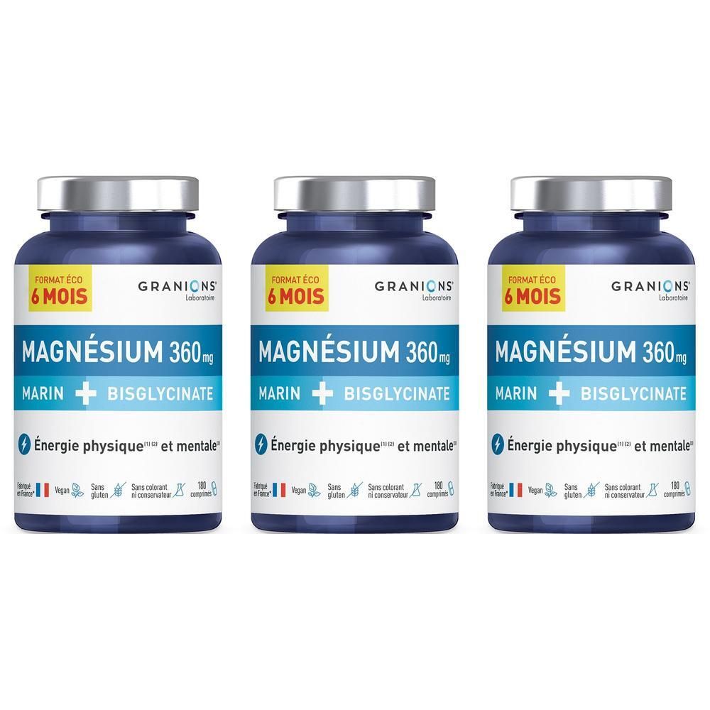 Trois flacons de GRANIONS Magnésium 360 mg. Flacons bleus avec bouchons argentés.